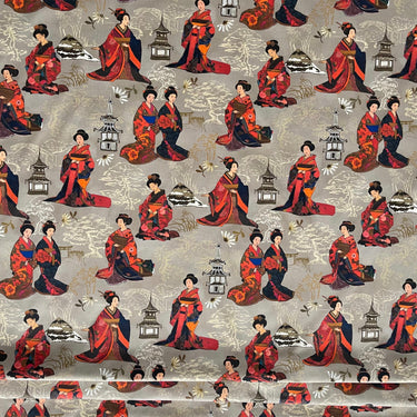 Geisha Garden Cotton Fabric – Oriental Print for Curtains, Cushions and Home Decor
